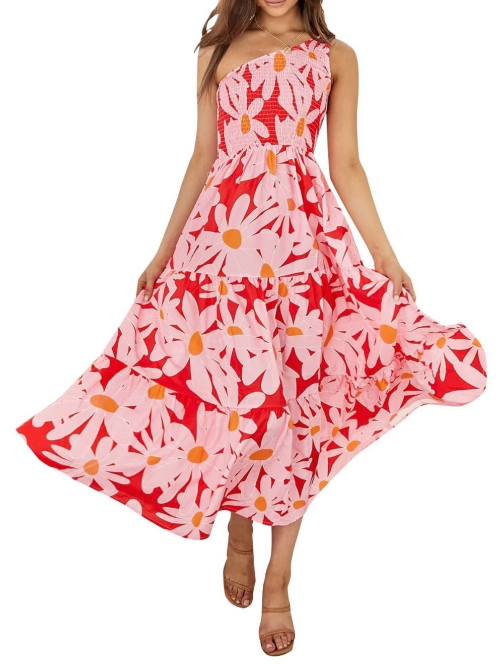 ZCSIA One-Shoulder Red & Pink Floral summer Dress